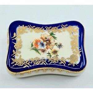 Vintage Italian Porcelain Trinket Box With Floral Design & Gold Accents